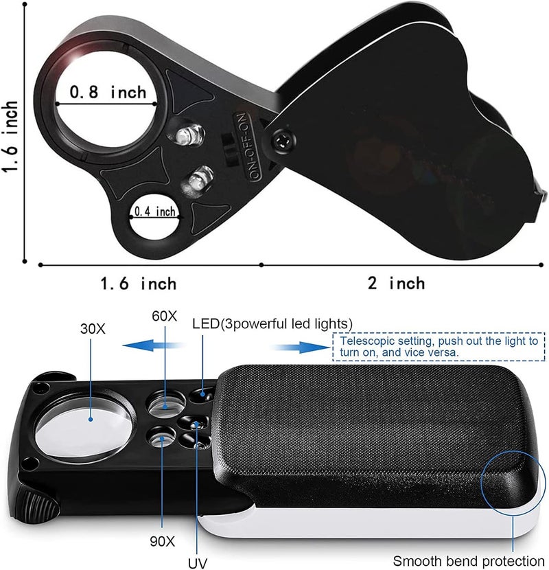 HMKIS Jewelers Loupe, 2 Pack Magnifying Glass with Light, 30X 60X 90X Jewelers Loop Magnification with 20 Backup Batteries for Coin, Diamonds, Gems, Jewelry, Stamps Close Work - Image 2